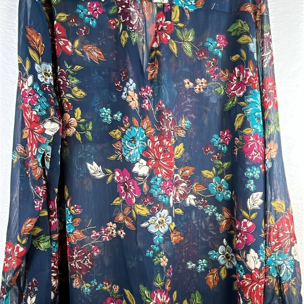 Kut From The Kloth XXL Chiffon Blouse Navy Floral -Semi Sheer RollTab Sleeve **